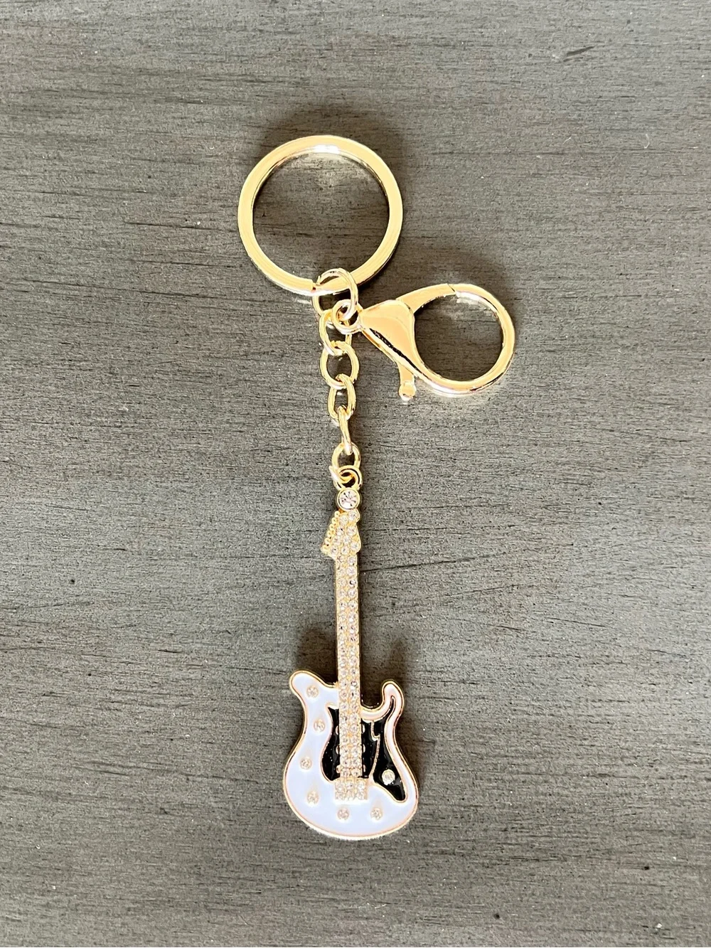 Black & White Enamel Electric Guitar Rhinestone Gold Keychain 3.5